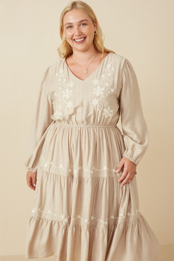 Allie Long Sleeve Embroidered Midi Dress in Beige