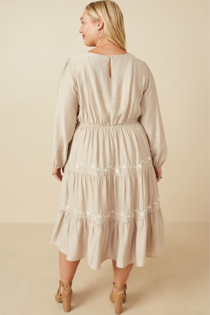 Allie Long Sleeve Embroidered Midi Dress in Beige