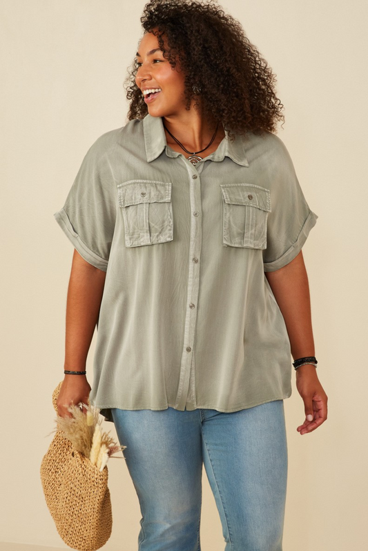 Helena Dolman Washed Tencel Button Up Short Sleeve Top in Sage