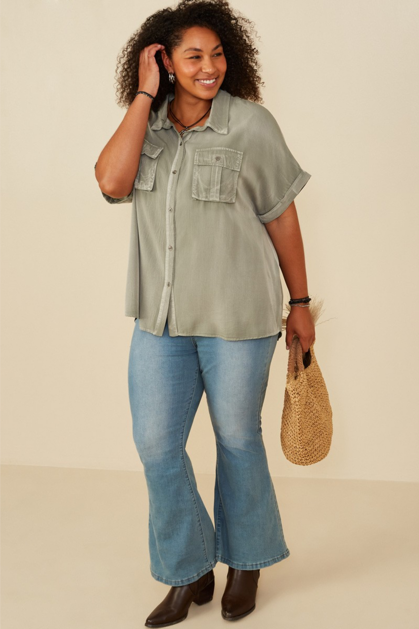 Helena Dolman Washed Tencel Button Up Short Sleeve Top in Sage