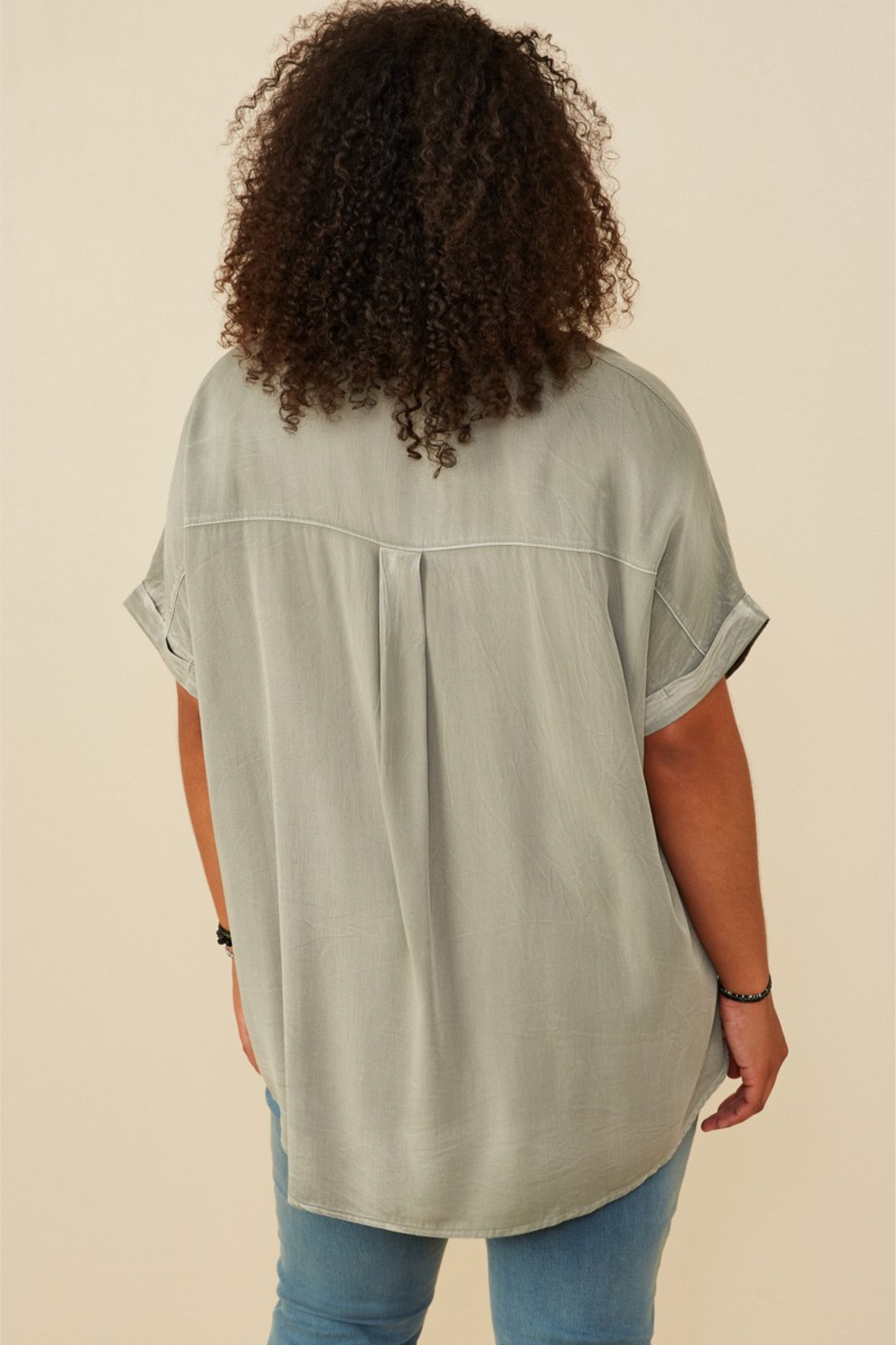 Helena Dolman Washed Tencel Button Up Short Sleeve Top in Sage