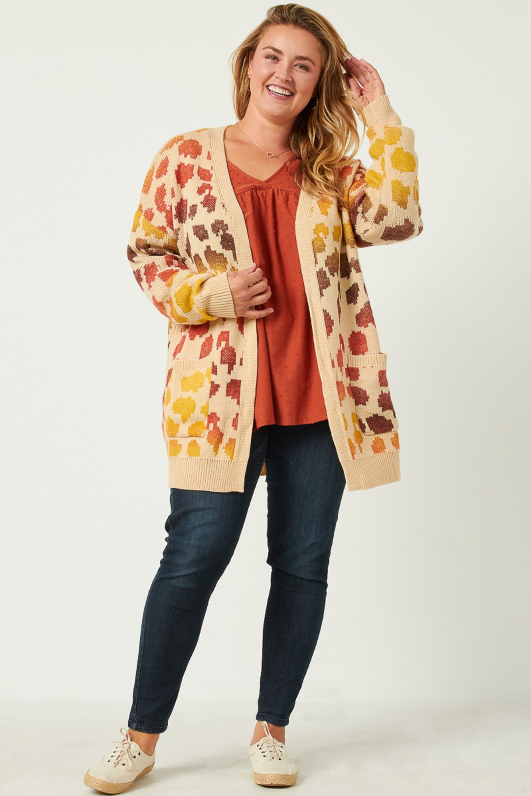 Coraline Animal Print Sweater Cardigan in Rust Mix