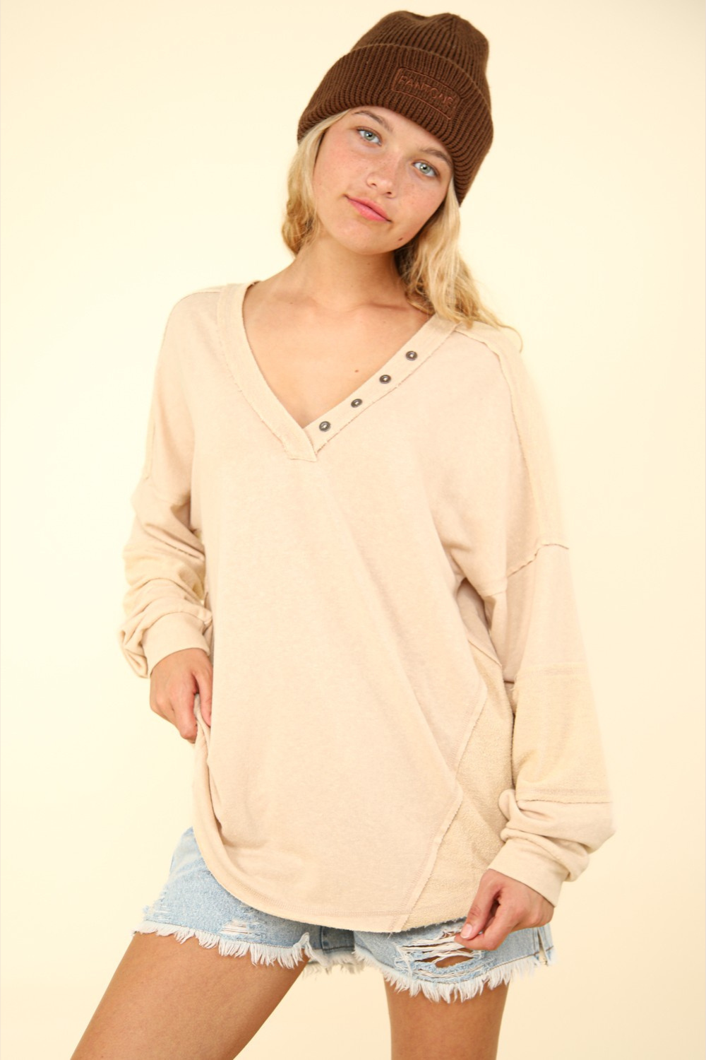 Margot Washed Knit V-Neck Oversized Top in Beige