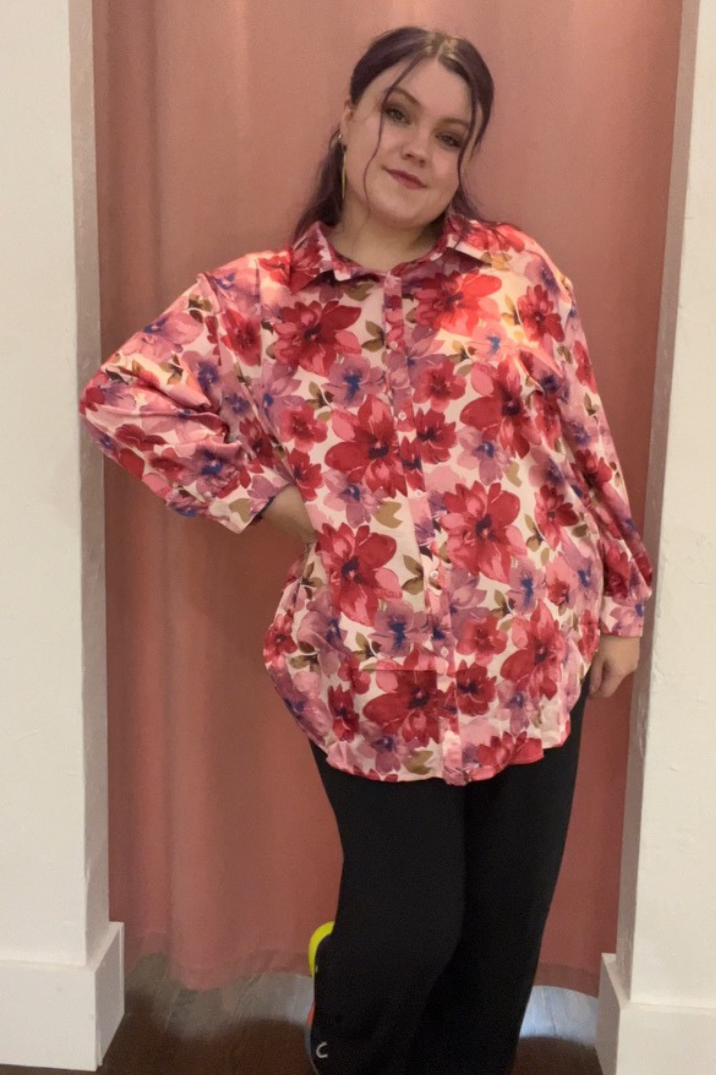 Sylvie Floral Print Button Up Long Sleeve Shirt in Pink