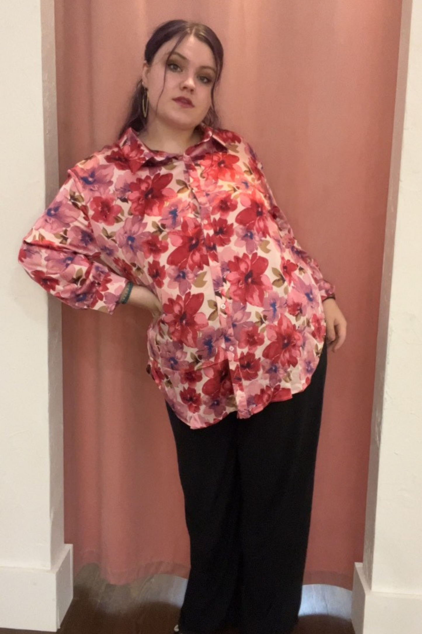 Sylvie Floral Print Button Up Long Sleeve Shirt in Pink