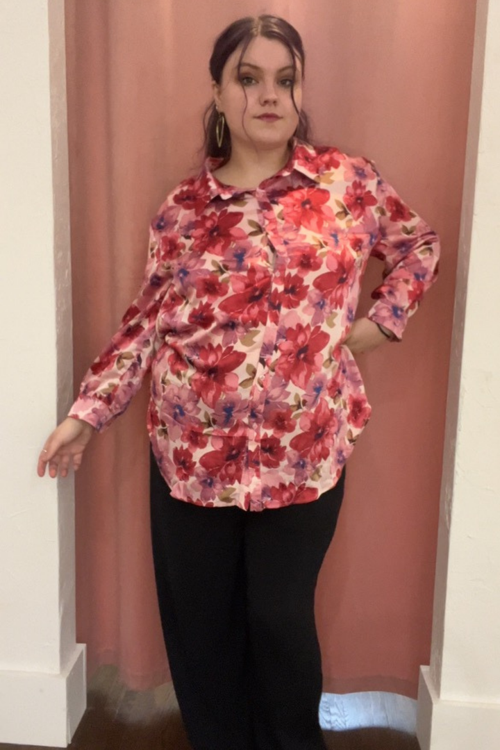 Sylvie Floral Print Button Up Long Sleeve Shirt in Pink