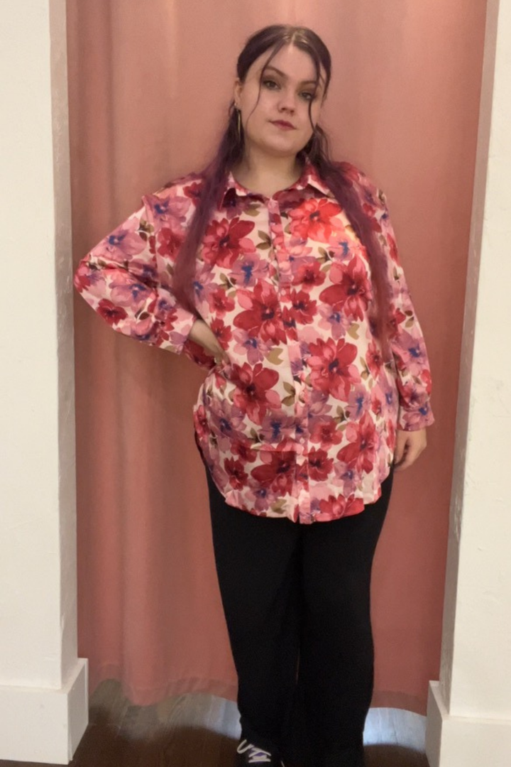 Sylvie Floral Print Button Up Long Sleeve Shirt in Pink