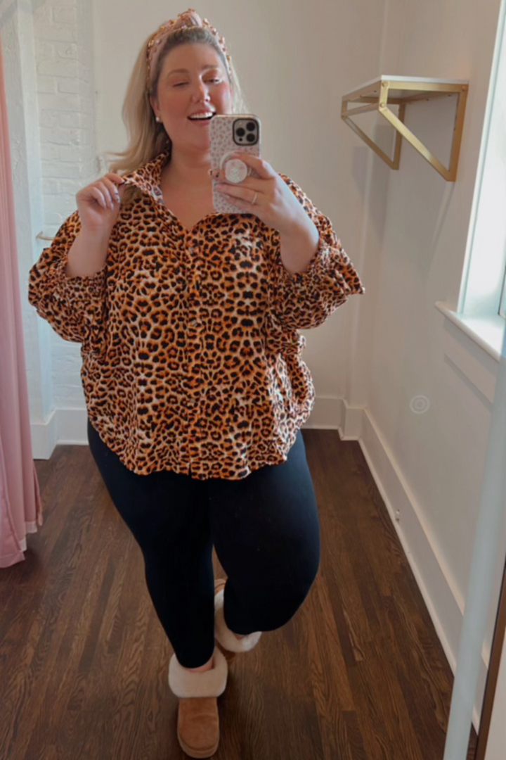 Alessia Leopard Print Button Up Long Sleeve Shirt in Camel