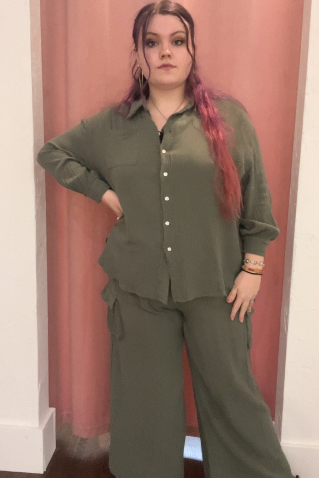 Bea Long Sleeve Button Up Gauze Top in Olive