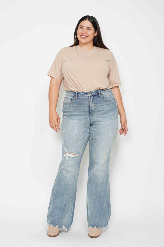 Freya Medium Rise Tummy Control Distressed Flare Judy Blue Jeans in Medium Wash