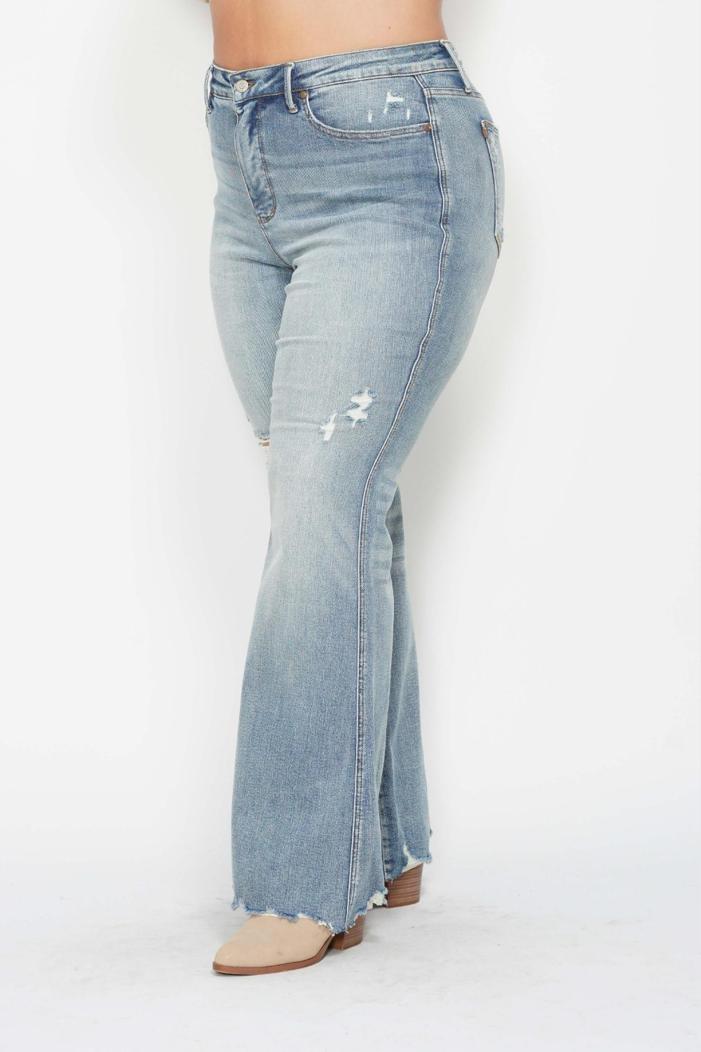 Freya Medium Rise Tummy Control Distressed Flare Judy Blue Jeans in Medium Wash