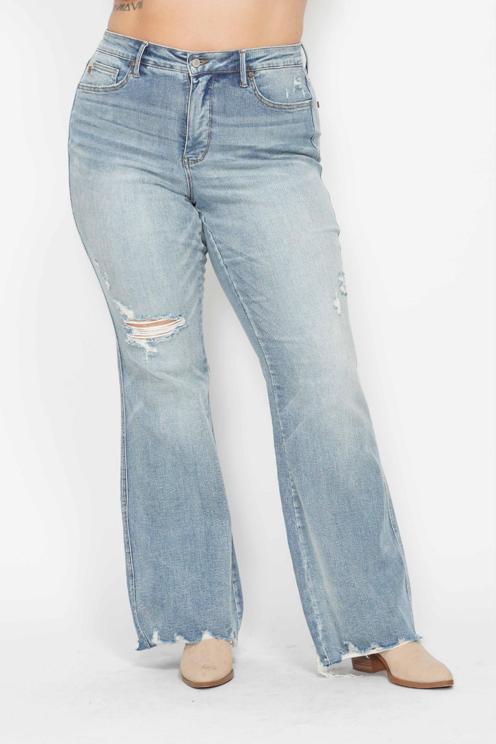 Freya Medium Rise Tummy Control Distressed Flare Judy Blue Jeans in Medium Wash