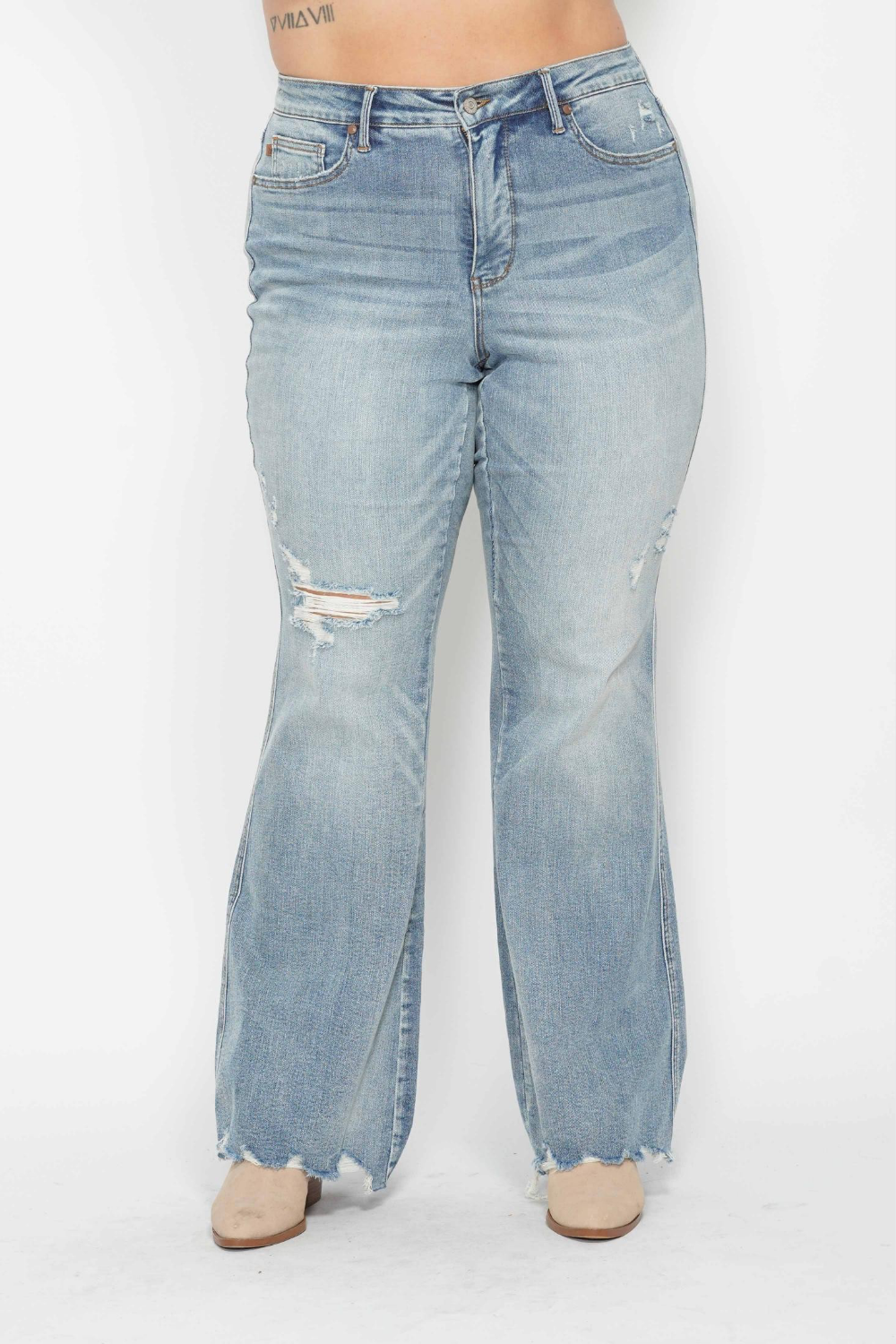 Freya Medium Rise Tummy Control Distressed Flare Judy Blue Jeans in Medium Wash