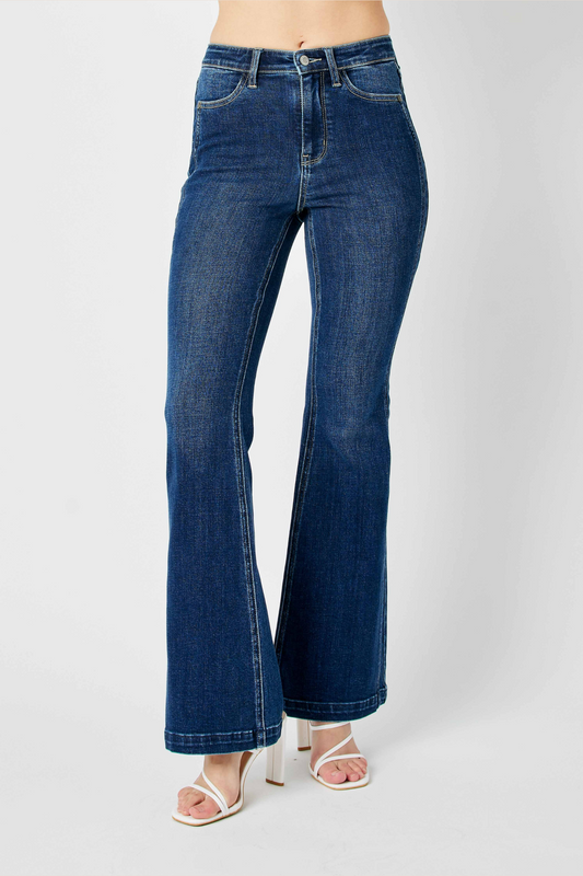 Caroline High Waisted Judy Blue Flare Jeans with Angled Side Seam Detail in Dark Wash