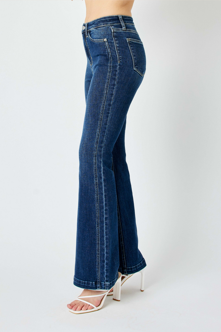 Caroline High Waisted Judy Blue Flare Jeans with Angled Side Seam Detail in Dark Wash