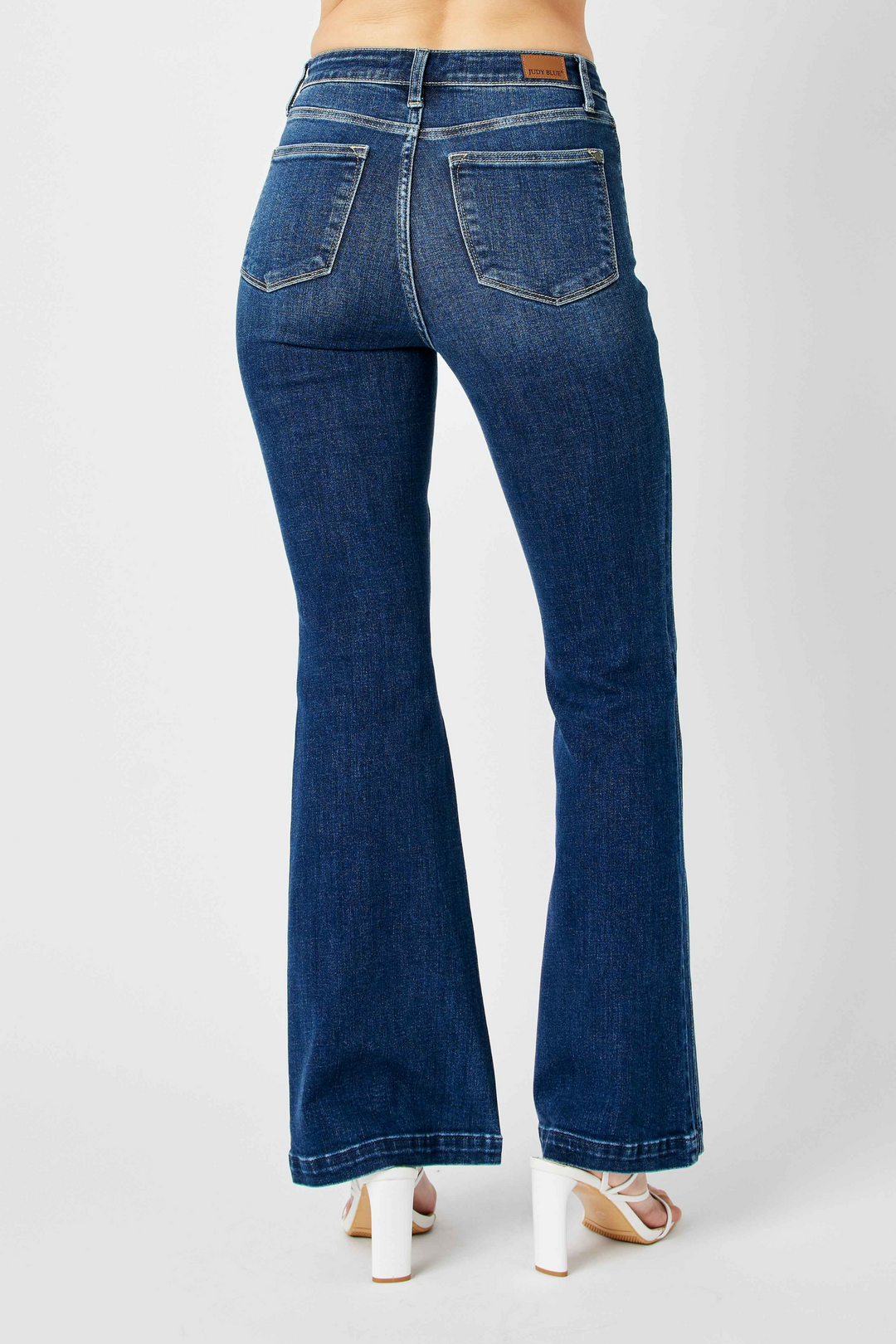 Caroline High Waisted Judy Blue Flare Jeans with Angled Side Seam Detail in Dark Wash