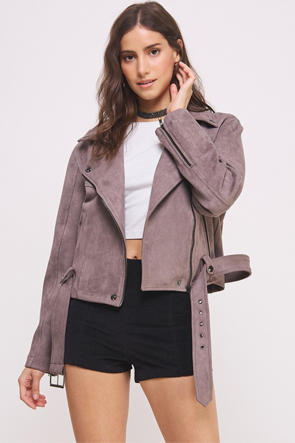 Simone Zippered Faux Suede Moto Jacket