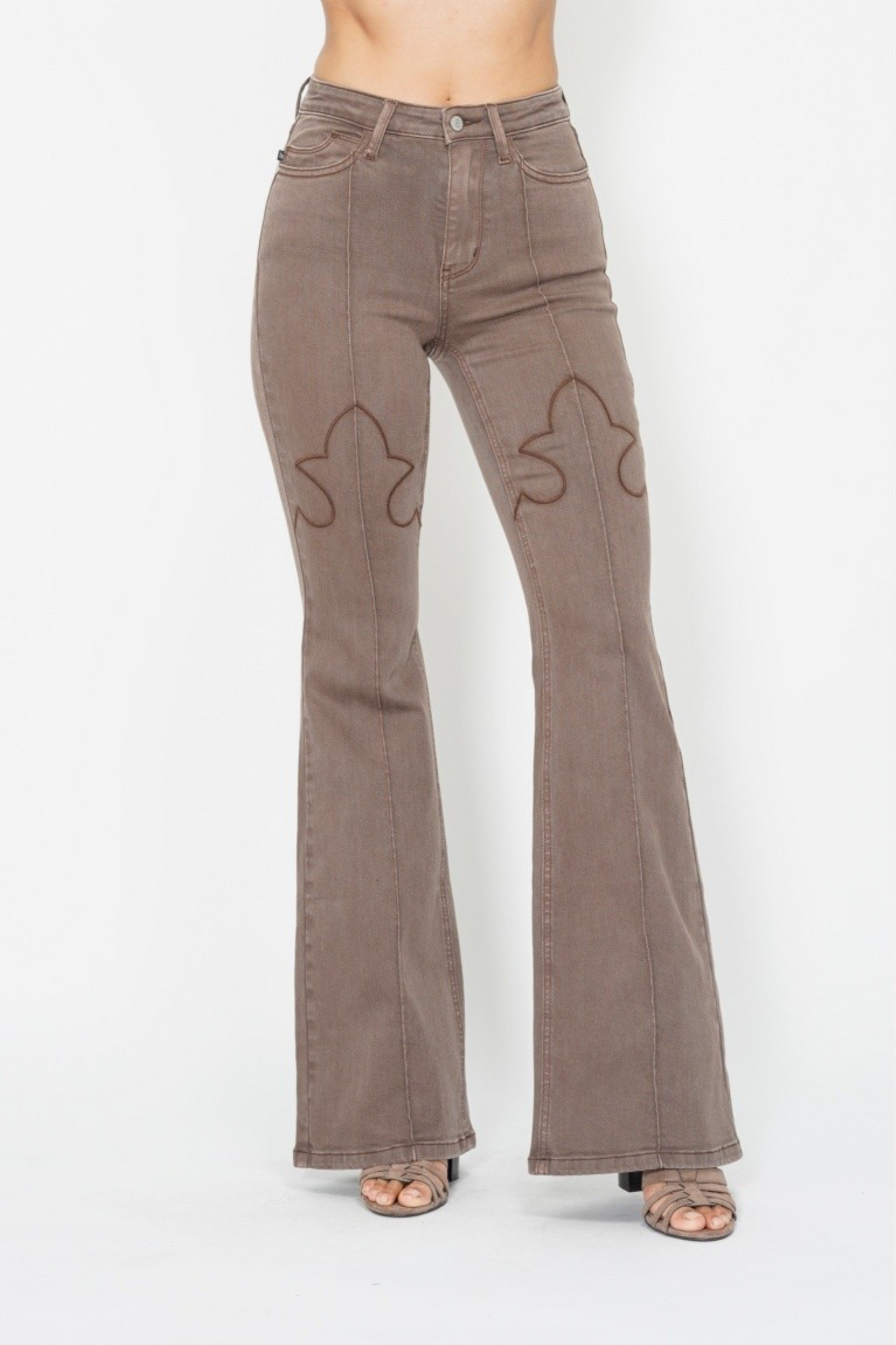 Hazel High Waisted Judy Blue Flare Jeans with Knee Seam Detail in Brown