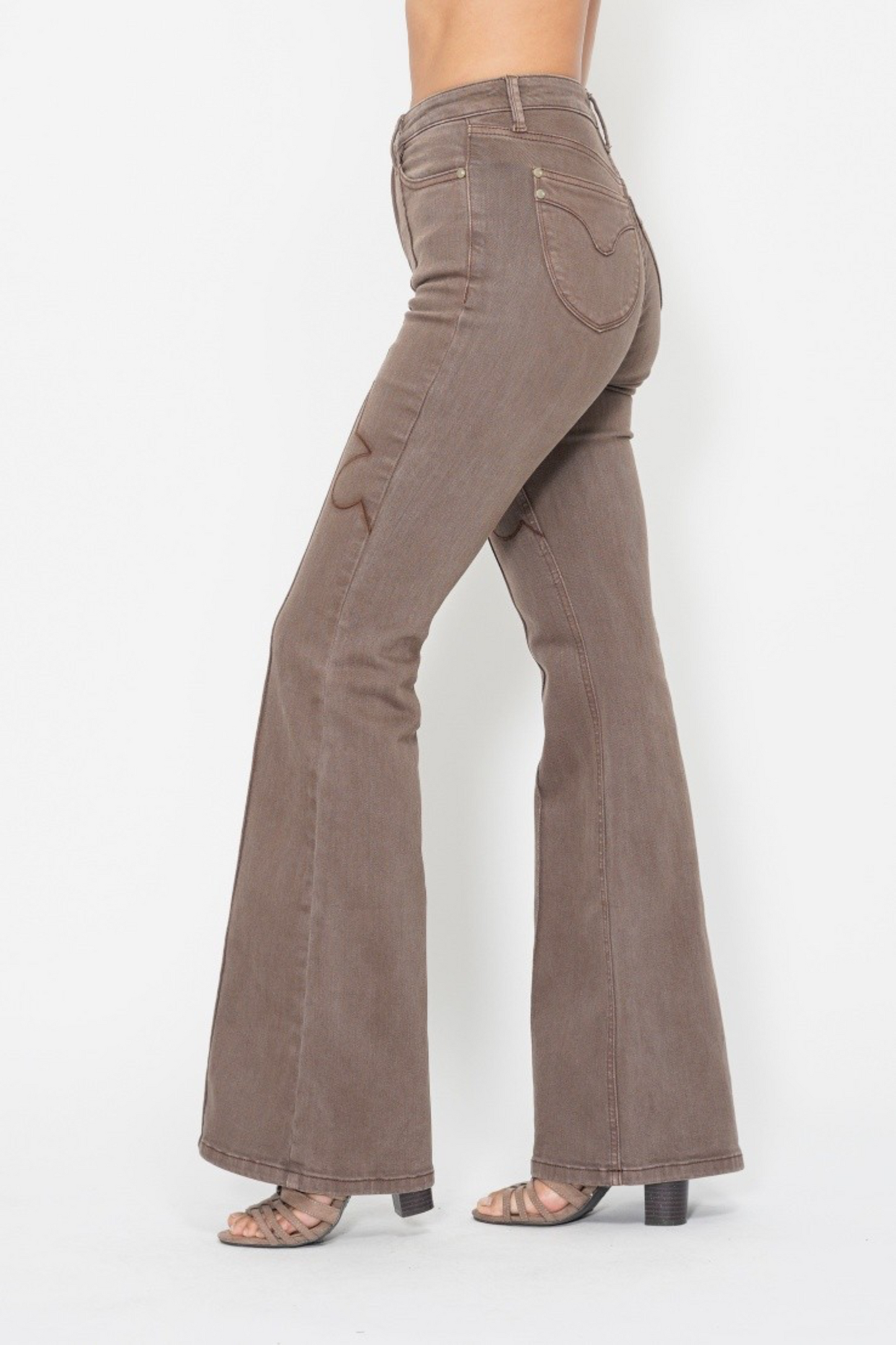 Hazel High Waisted Judy Blue Flare Jeans with Knee Seam Detail in Brown