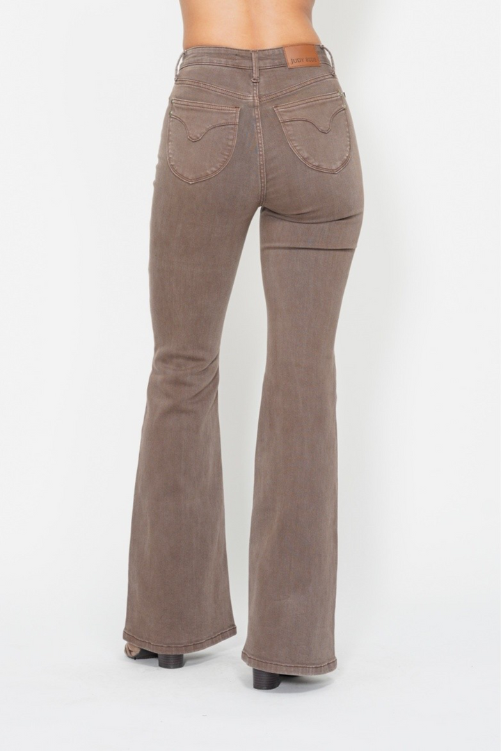 Hazel High Waisted Judy Blue Flare Jeans with Knee Seam Detail in Brown