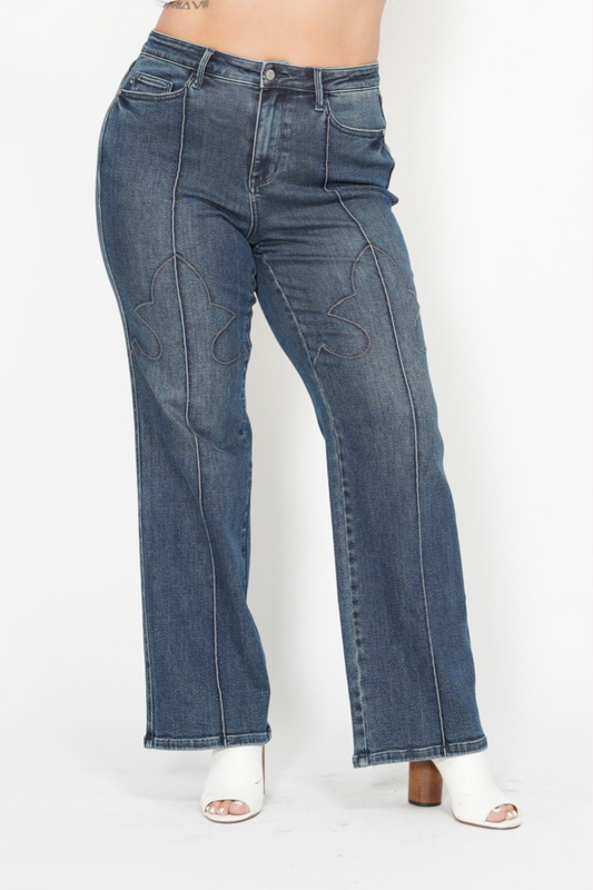 Faith High Waisted Judy Blue Straight Jeans with Western Seam Detail in Dark Wash