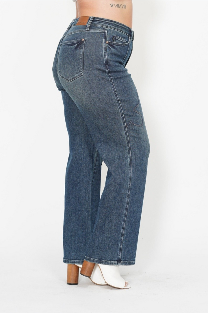 Faith High Waisted Judy Blue Straight Jeans with Western Seam Detail in Dark Wash