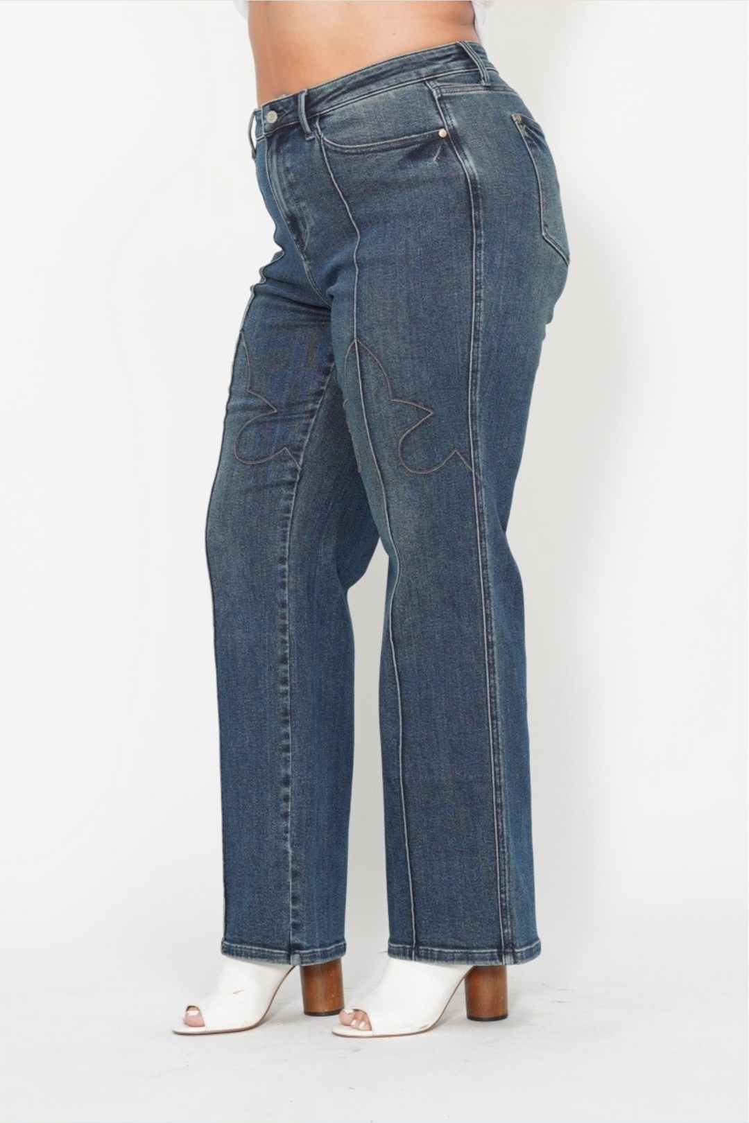 Faith High Waisted Judy Blue Straight Jeans with Western Seam Detail in Dark Wash