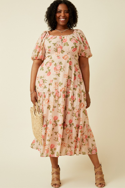 Macy Puff Sleeve Floral Midi Dress in Blush