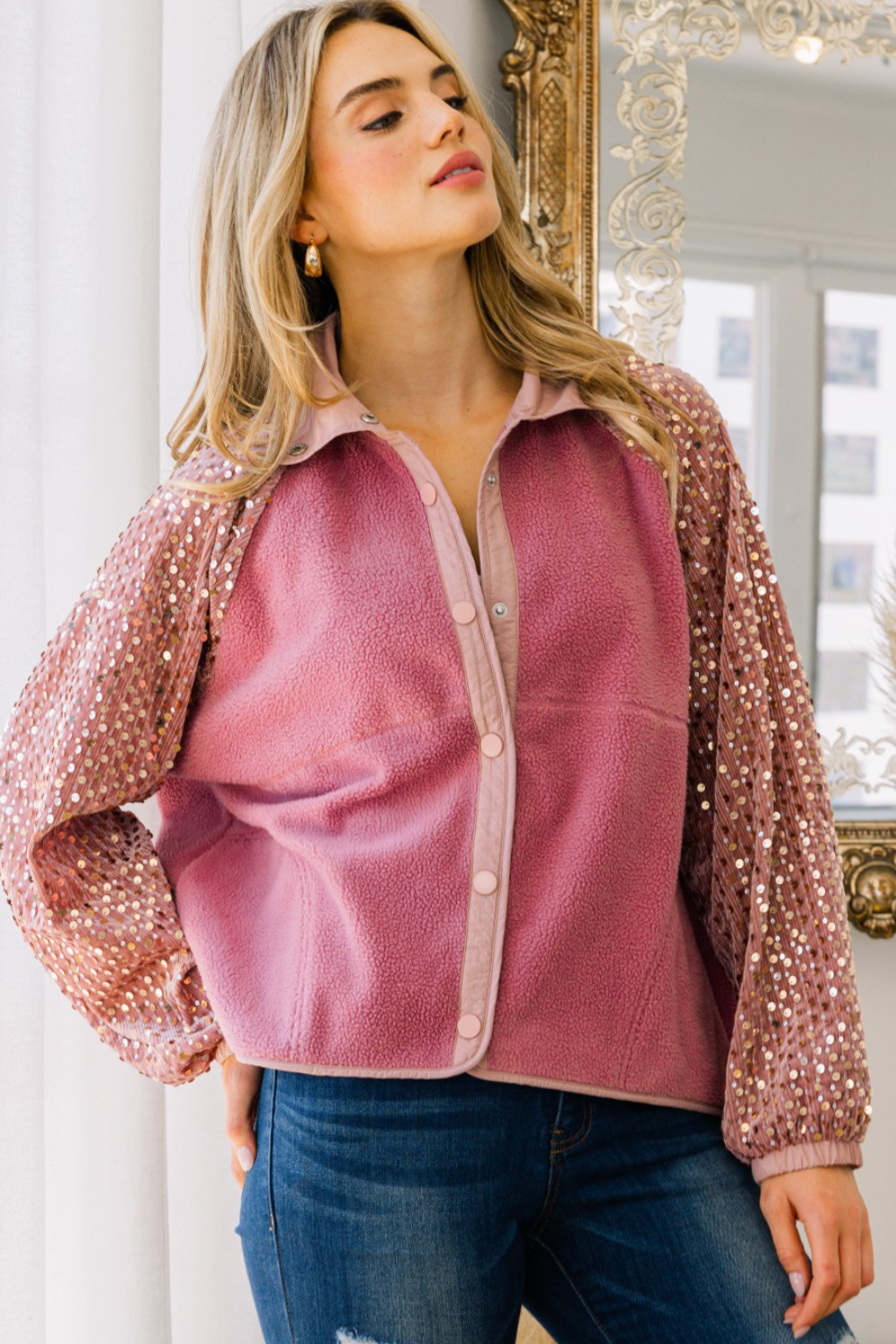 Kristen Fleece Jacket with Sequin Sleeves in Dusty Rose