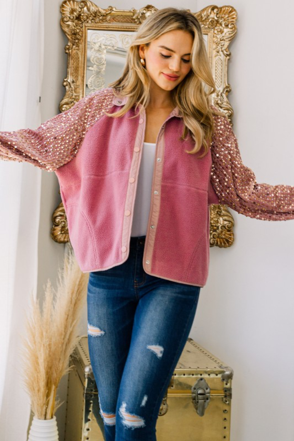 Kristen Fleece Jacket with Sequin Sleeves in Dusty Rose