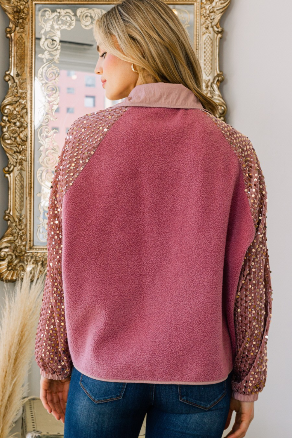 Kristen Fleece Jacket with Sequin Sleeves in Dusty Rose