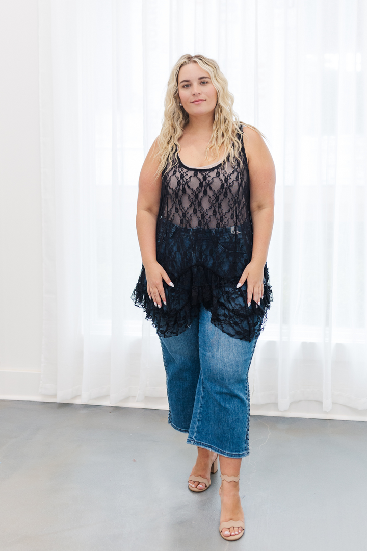 Abigail Ruffle Hem Lace Layering Tank Top in Black