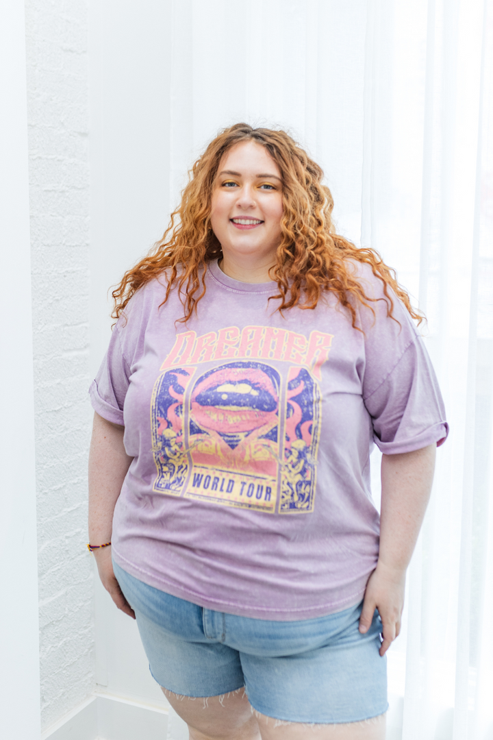 Adeline Mineral Wash "Dreamer" Graphic Tee T-shirt in Lavender