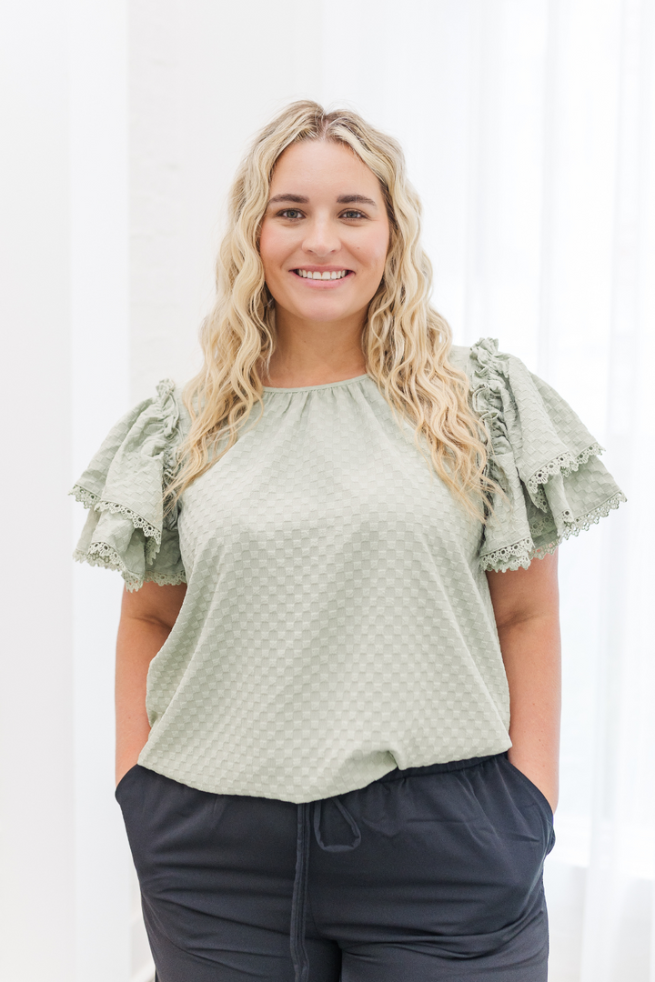 Charlotte Textured Flutter Sleeve Top in Sage Green