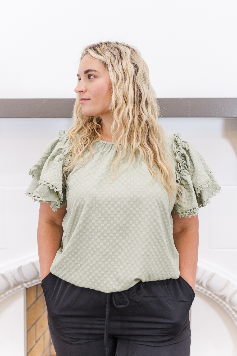 Charlotte Textured Flutter Sleeve Top in Sage Green