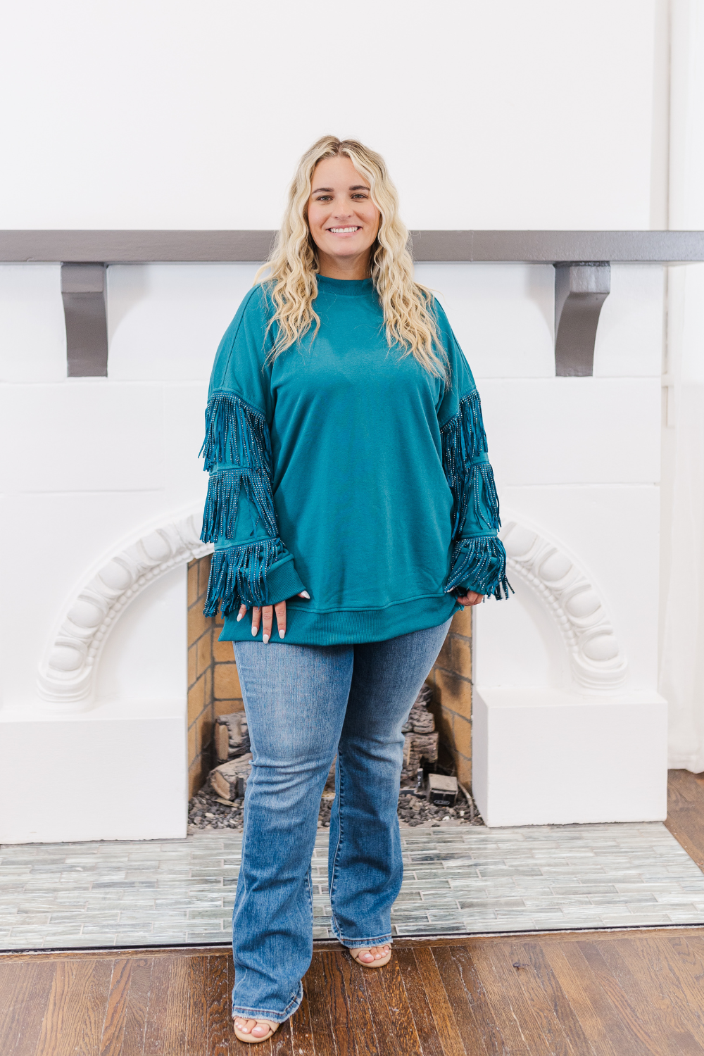 Hannah Studded Fringe Sleeve Sweatshirt in Teal