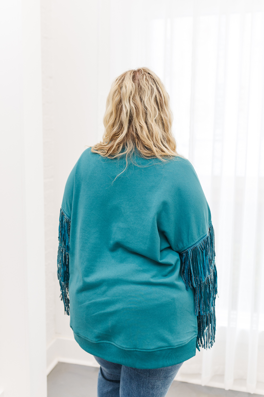 Hannah Studded Fringe Sleeve Sweatshirt in Teal