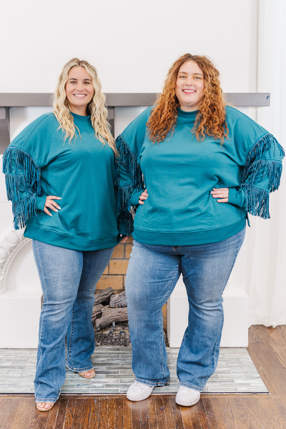 Hannah Studded Fringe Sleeve Sweatshirt in Teal