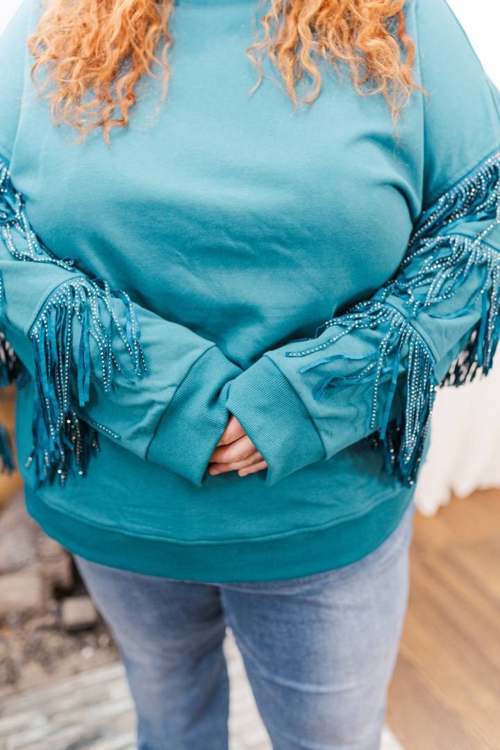 Hannah Studded Fringe Sleeve Sweatshirt in Teal