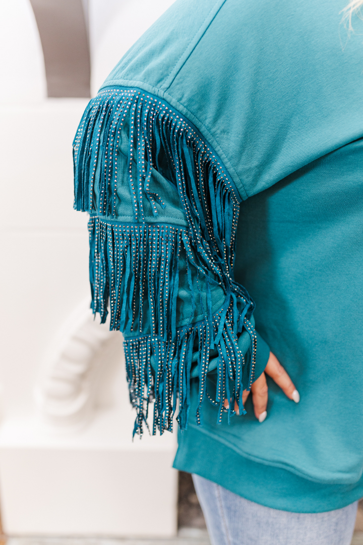 Hannah Studded Fringe Sleeve Sweatshirt in Teal