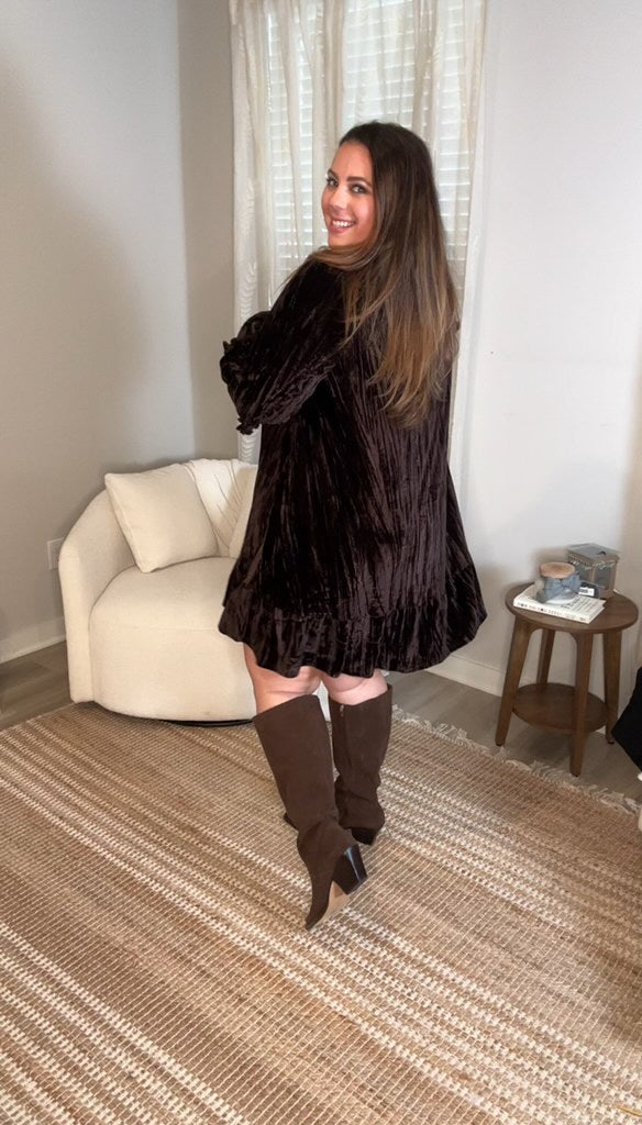 Kylie Crushed Velvet Dress in Dark Brown