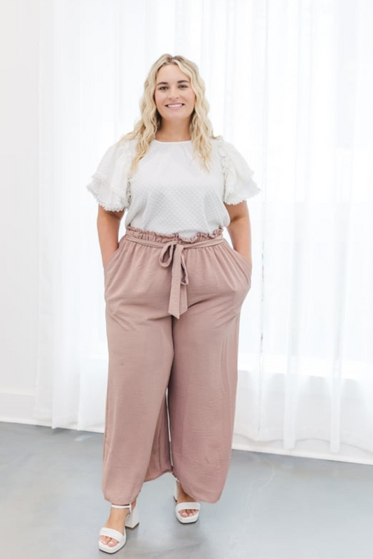 Ingrid Tie Waist Wide Leg Pants in Tan