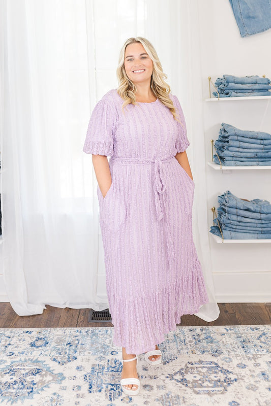 Ashton Puff Sleeve Textured Midi Dress in Lavender