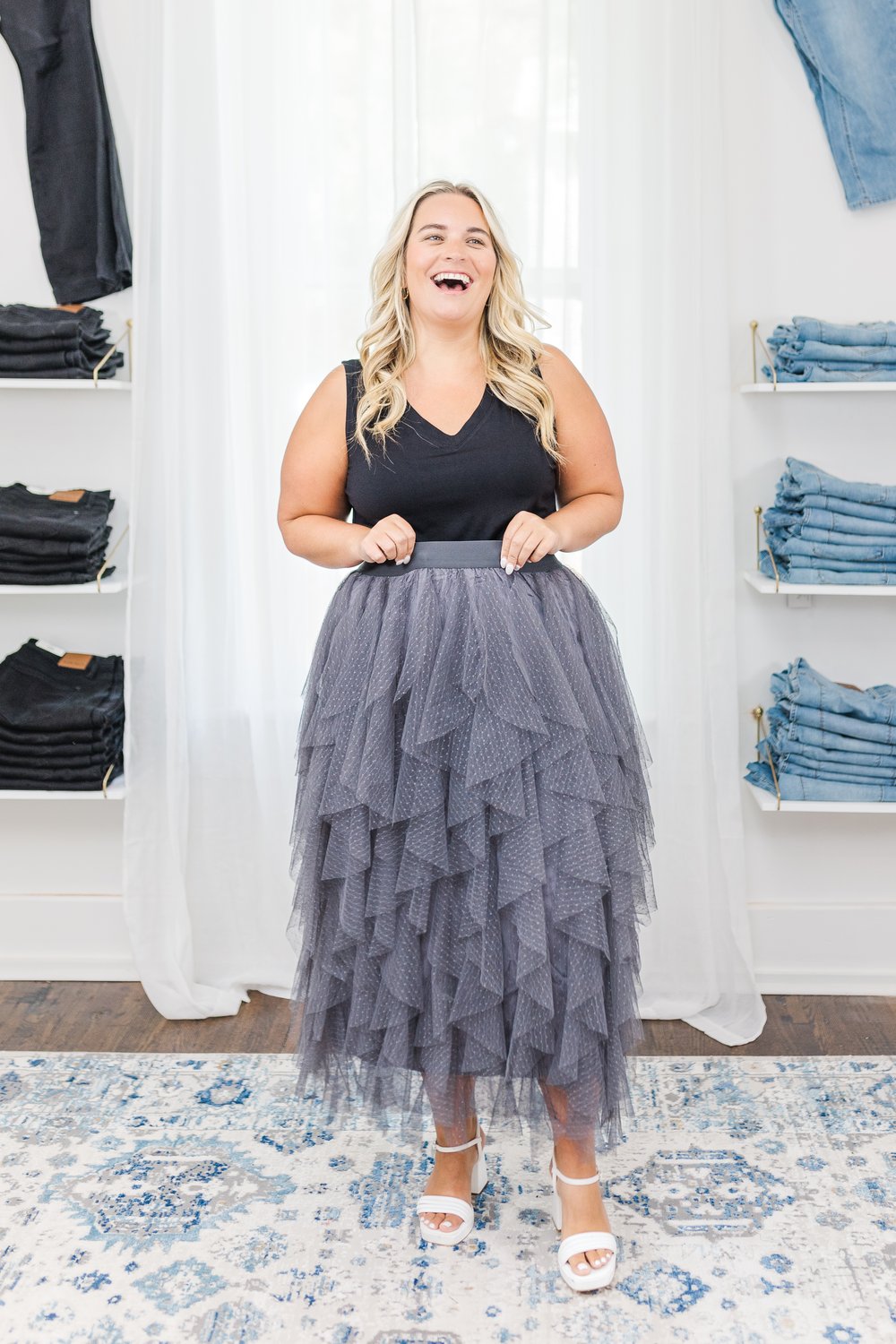 Sabrina Ruffle Trim Mesh Skirt in Grey