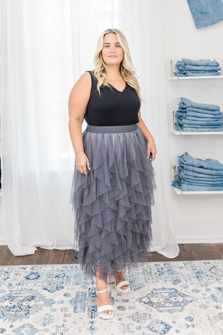 Sabrina Ruffle Trim Mesh Skirt in Grey