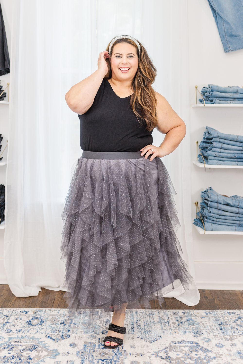 Sabrina Ruffle Trim Mesh Skirt in Grey