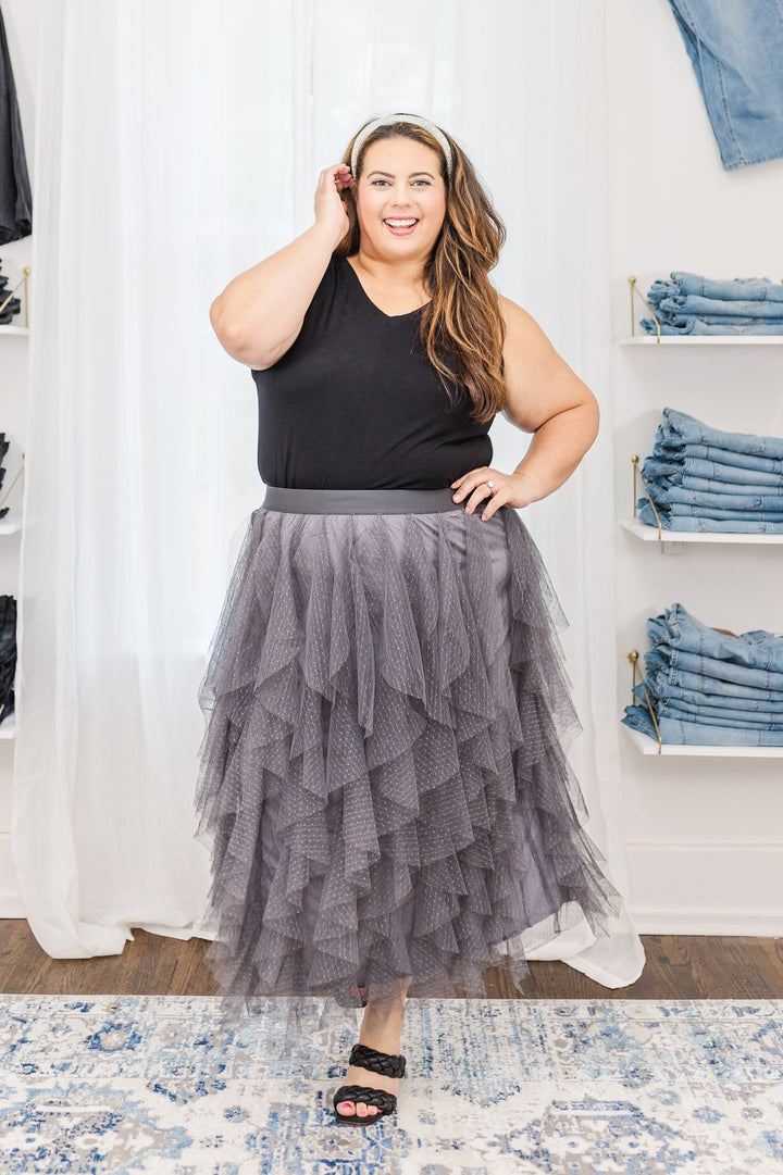 Sabrina Ruffle Trim Mesh Skirt in Grey