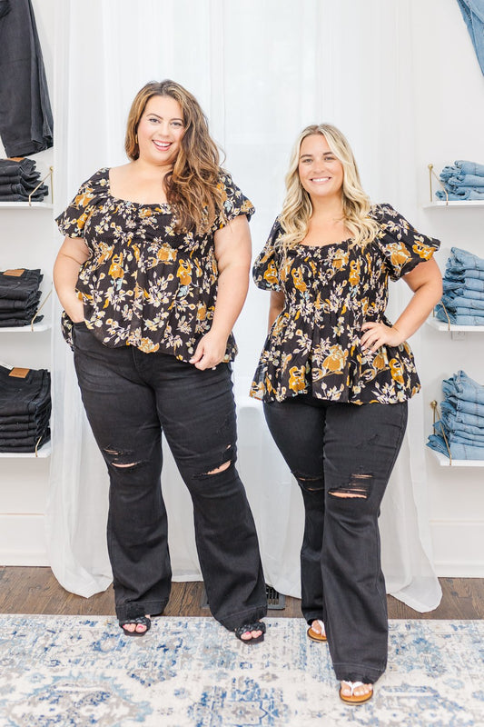 Amanda Puff Sleeve Smocked Blouse Top in Black Floral