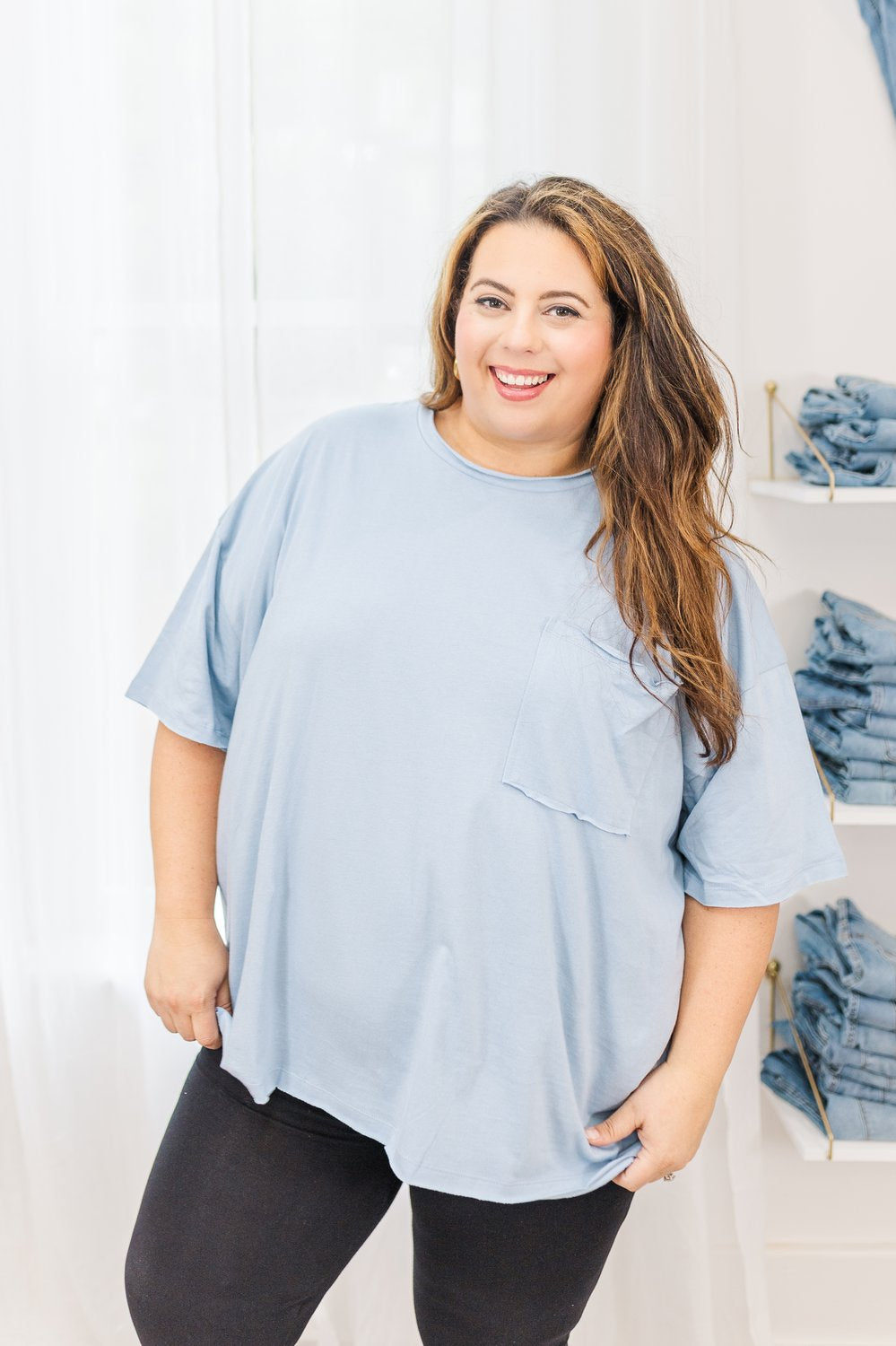 Lila Cotton Oversized Raw Edge Boyfriend Tee in Ash Blue