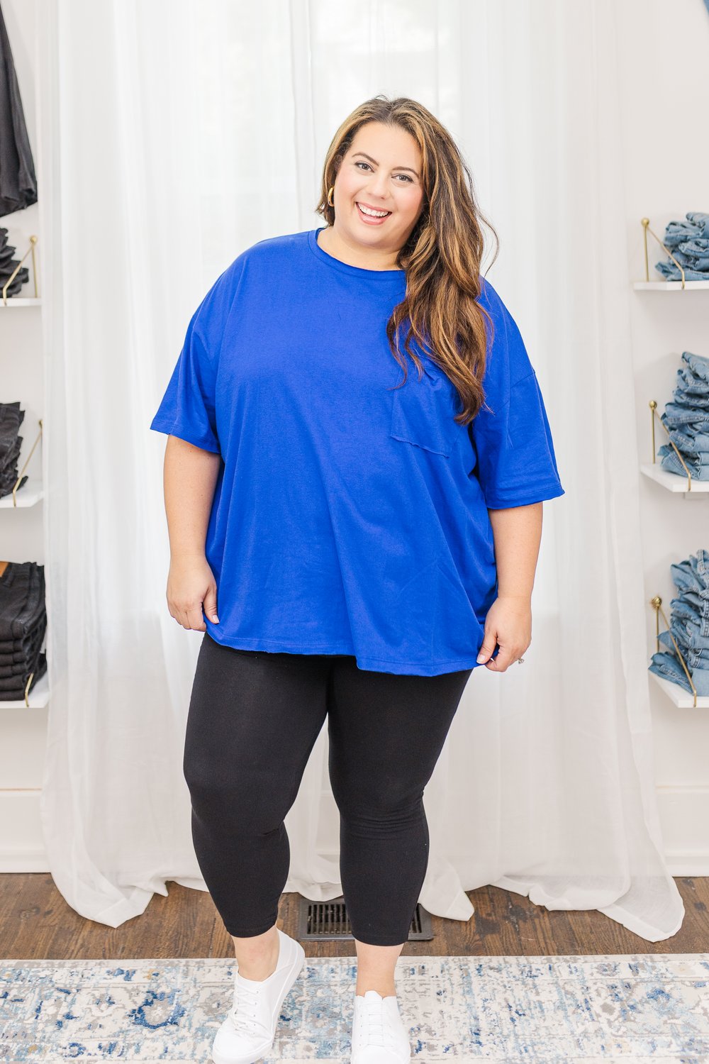 Lila Cotton Oversized Raw Edge Boyfriend Tee in Bright Blue